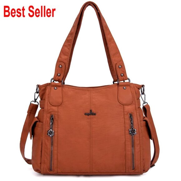Handbags - Faux Leather Hobo Handbag with Adjustable Shoulder Strap, Tote